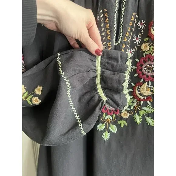 J. PETERMAN Dark Gray Floral Embroidered Bohemian Peasant Tunic Blouse Top Sz L - Picture 4 of 12